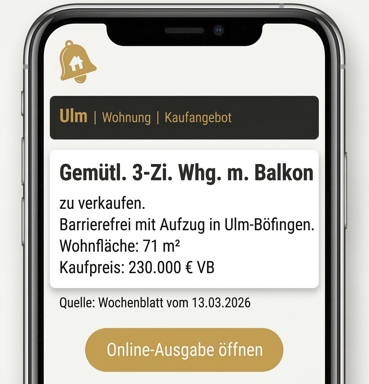 Smartphone-Display mit einer neuen Benachrichtigung von Immoglocke für eine exklusive, private Immobilienanzeige.